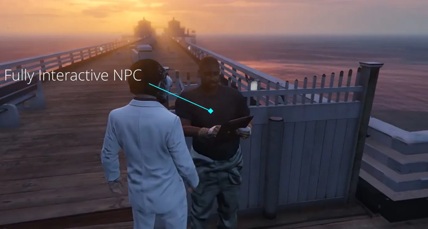 In-game view of a player talking to the fishing vendor, a non-player character holding a clipboard on a wooden pier at sunset, labeled Fully Interactive NPC